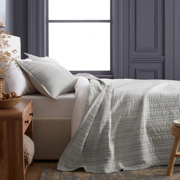 NWOT QUINCE Organic Cotton Stripe Stitch Quilt Set King/Cal King Light Grey 7225 - Picture 5 of 10